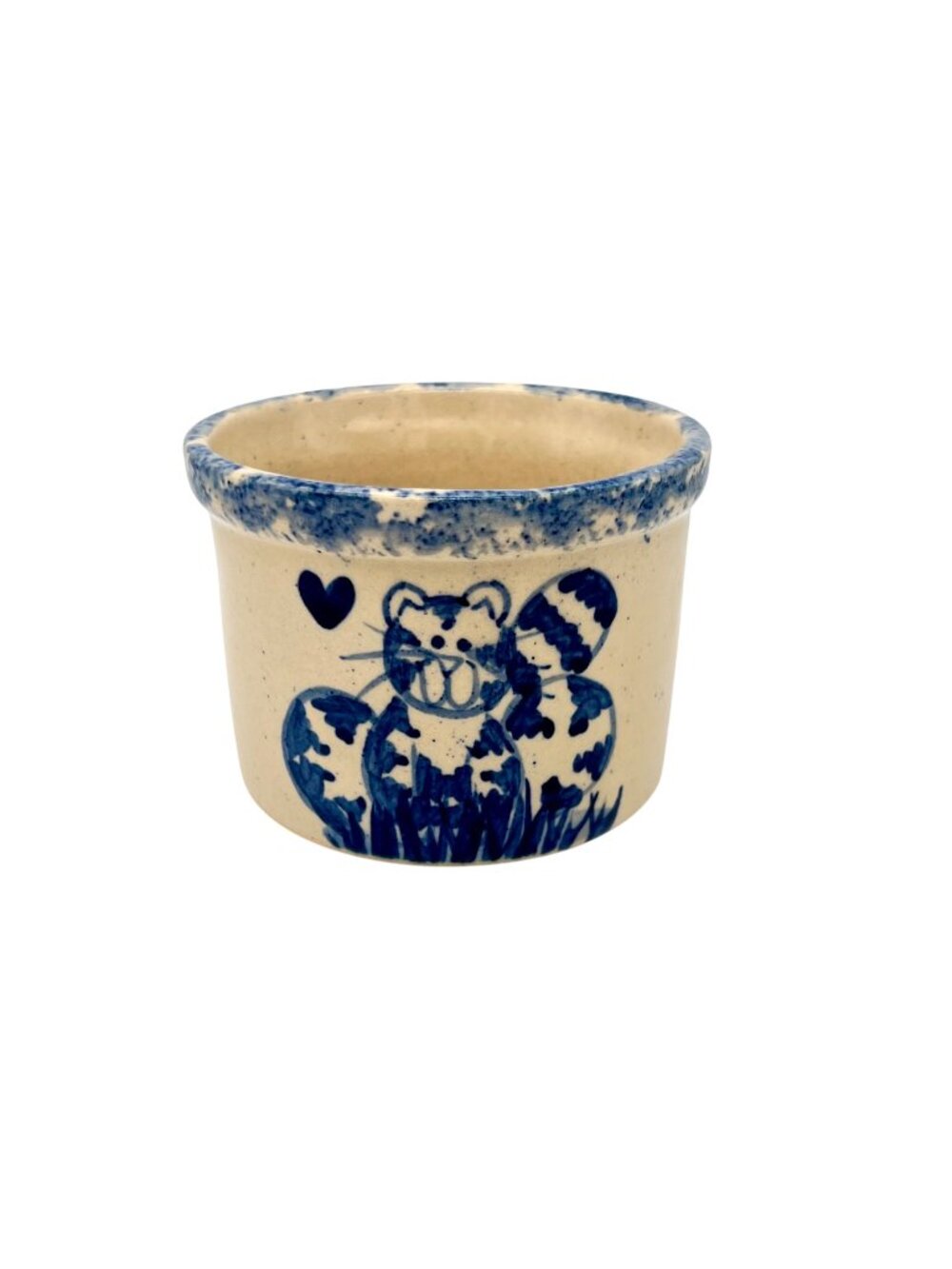 Hand-Painted Cat & Heart Crock Planter Pottery Spongeware Cottagecore 2.5"H - Picture 1 of 7